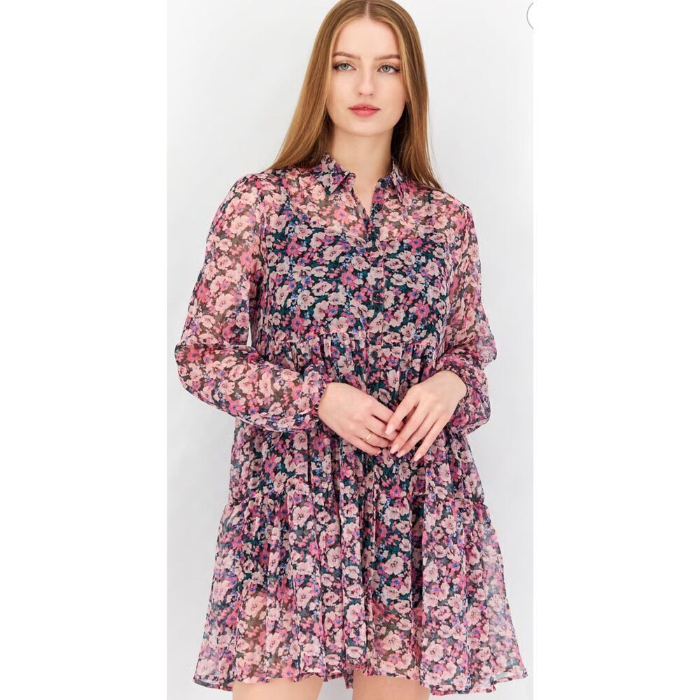 Forever 21 Women’s Bohemian Allover Shirt Dress Pink Floral Translucent Sz M